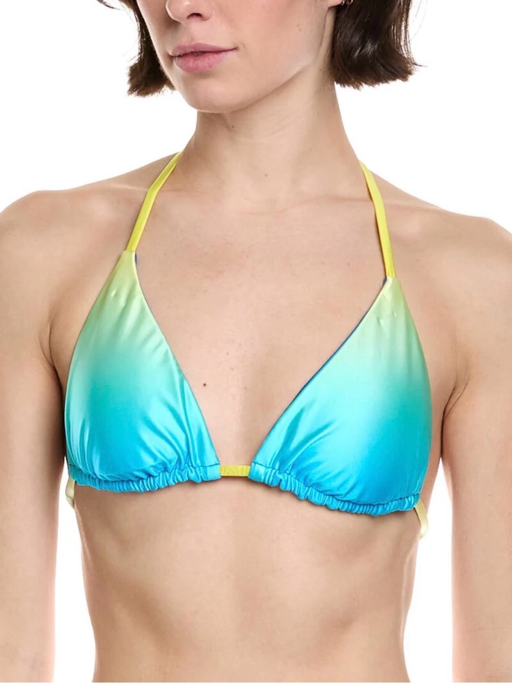 Trina Turk Aqua-to-Teal Gradient Triangle Bikini Top with Yellow Straps